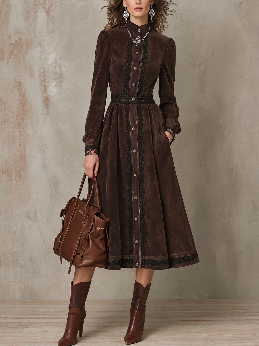 Vintage Dark Brown Lace Trim Button Front Midi Dress