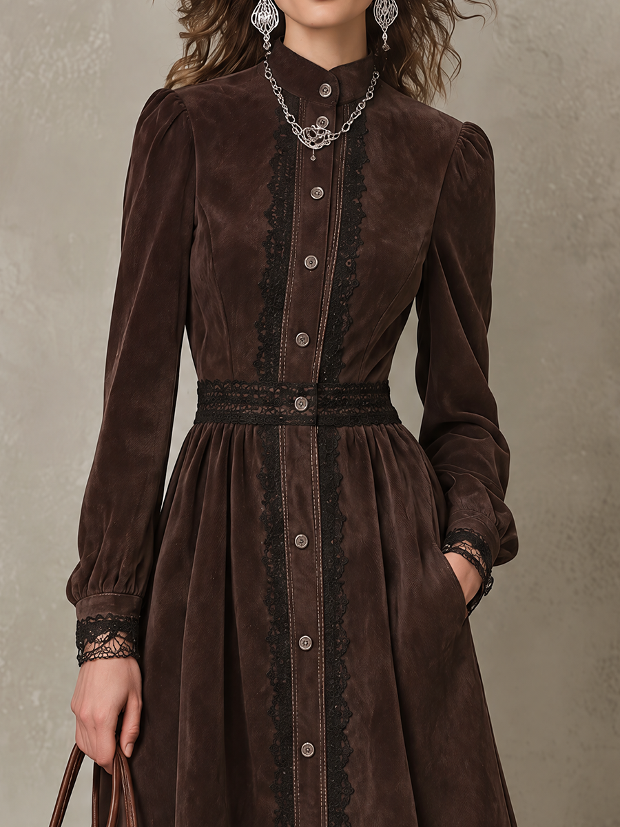 Vintage Dark Brown Lace Trim Button Front Midi Dress