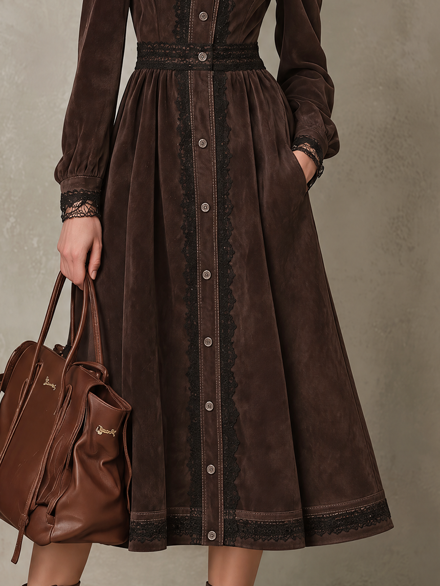 Vintage Dark Brown Lace Trim Button Front Midi Dress