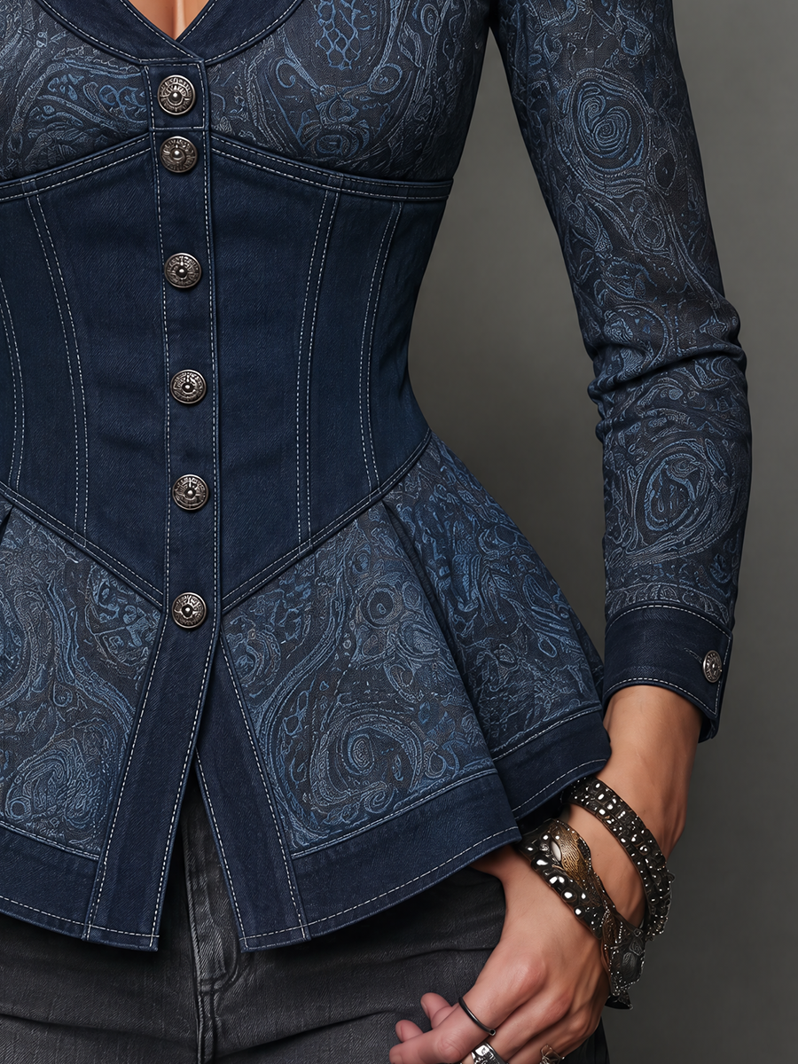 Vintage Navy Blue Jacquard Button Front Peplum Jacket