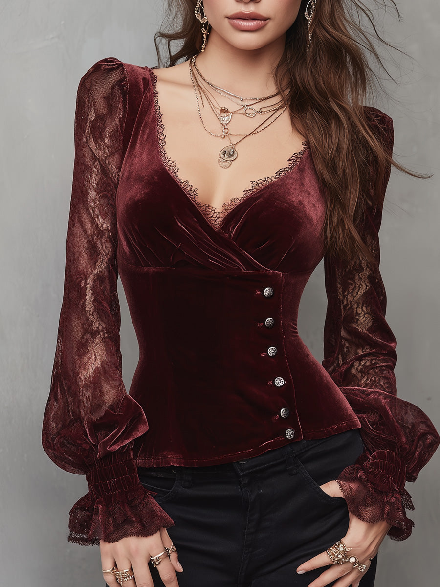 Asymmetrical Button Placket And Lace Bishop Sleeves Velvet Blouse
