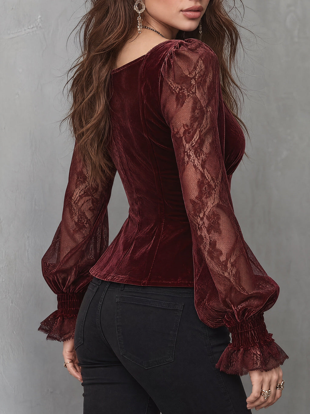 Asymmetrical Button Placket And Lace Bishop Sleeves Velvet Blouse