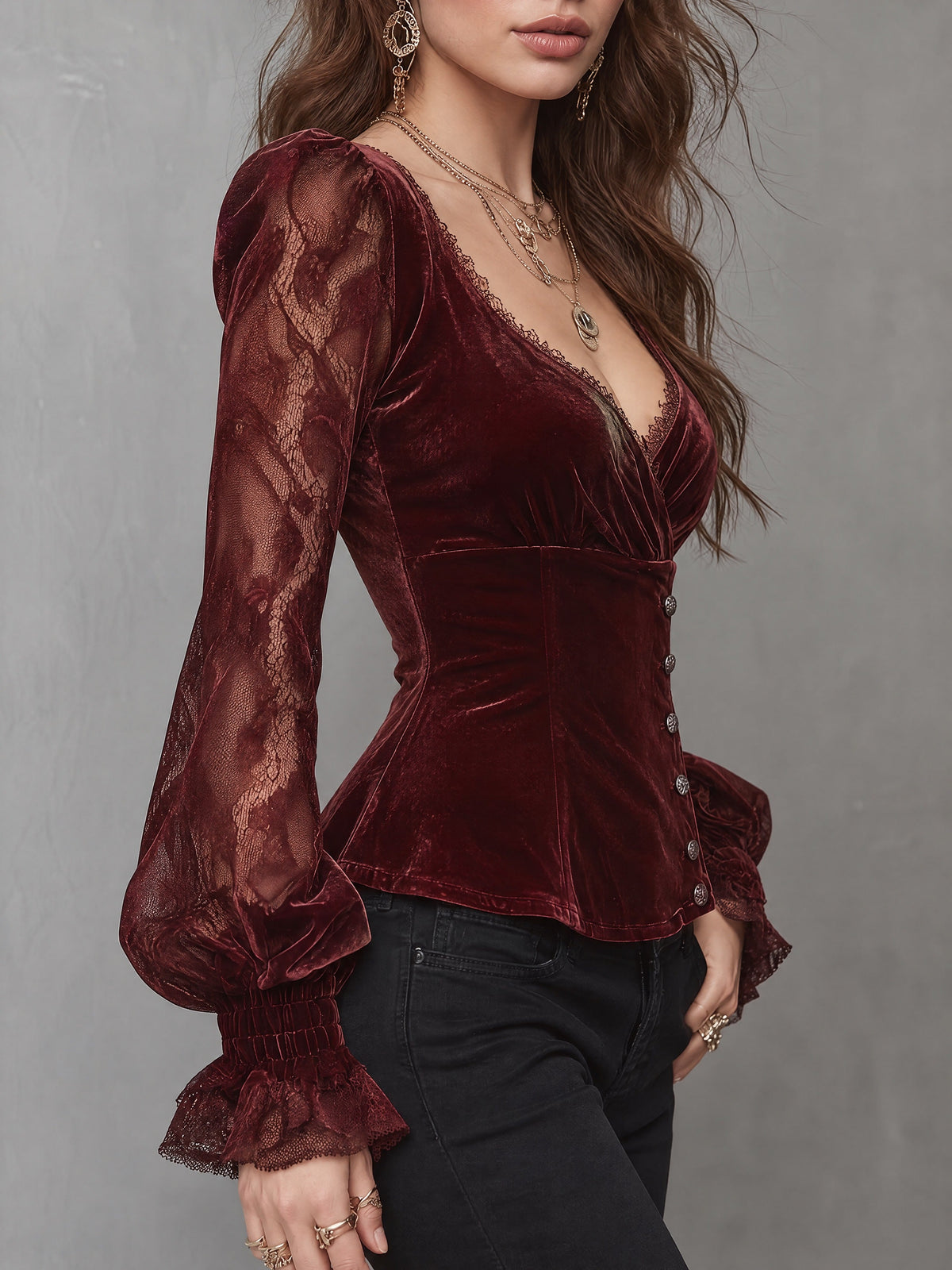Asymmetrical Button Placket And Lace Bishop Sleeves Velvet Blouse