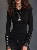 Women's Black Cowl Neck Long Sleeve Knit Sweater With Stripe Button Cuff