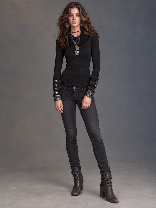Women's Black Cowl Neck Long Sleeve Knit Sweater With Stripe Button Cuff
