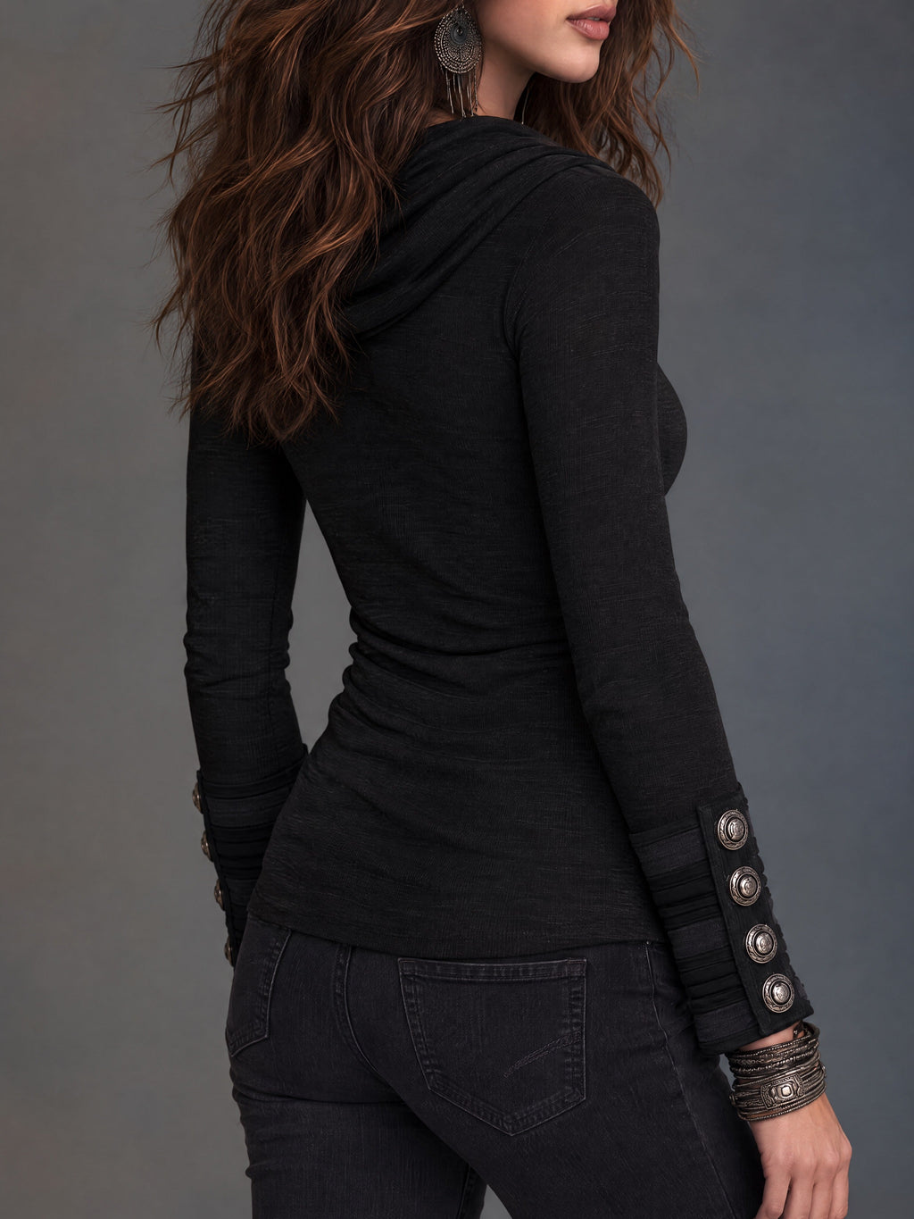 Women's Black Cowl Neck Long Sleeve Knit Sweater With Stripe Button Cuff