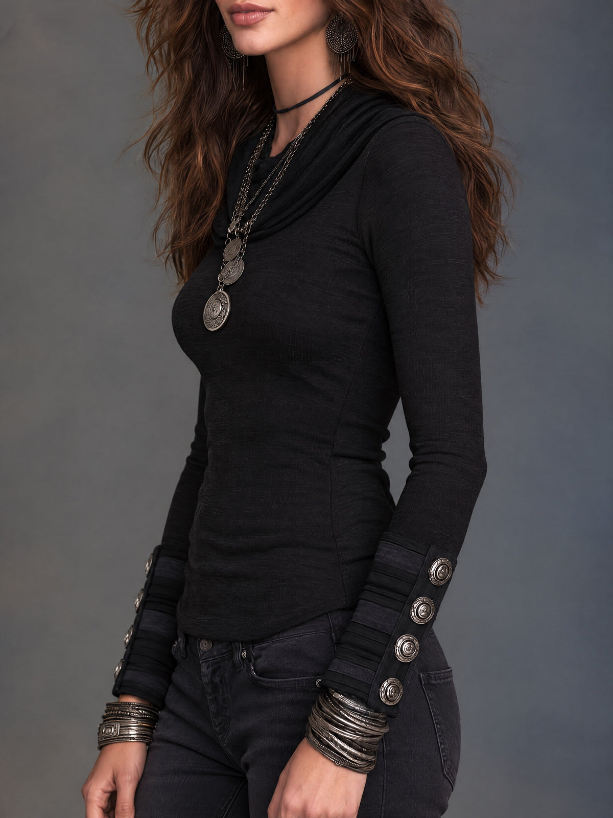 Women's Black Cowl Neck Long Sleeve Knit Sweater With Stripe Button Cuff