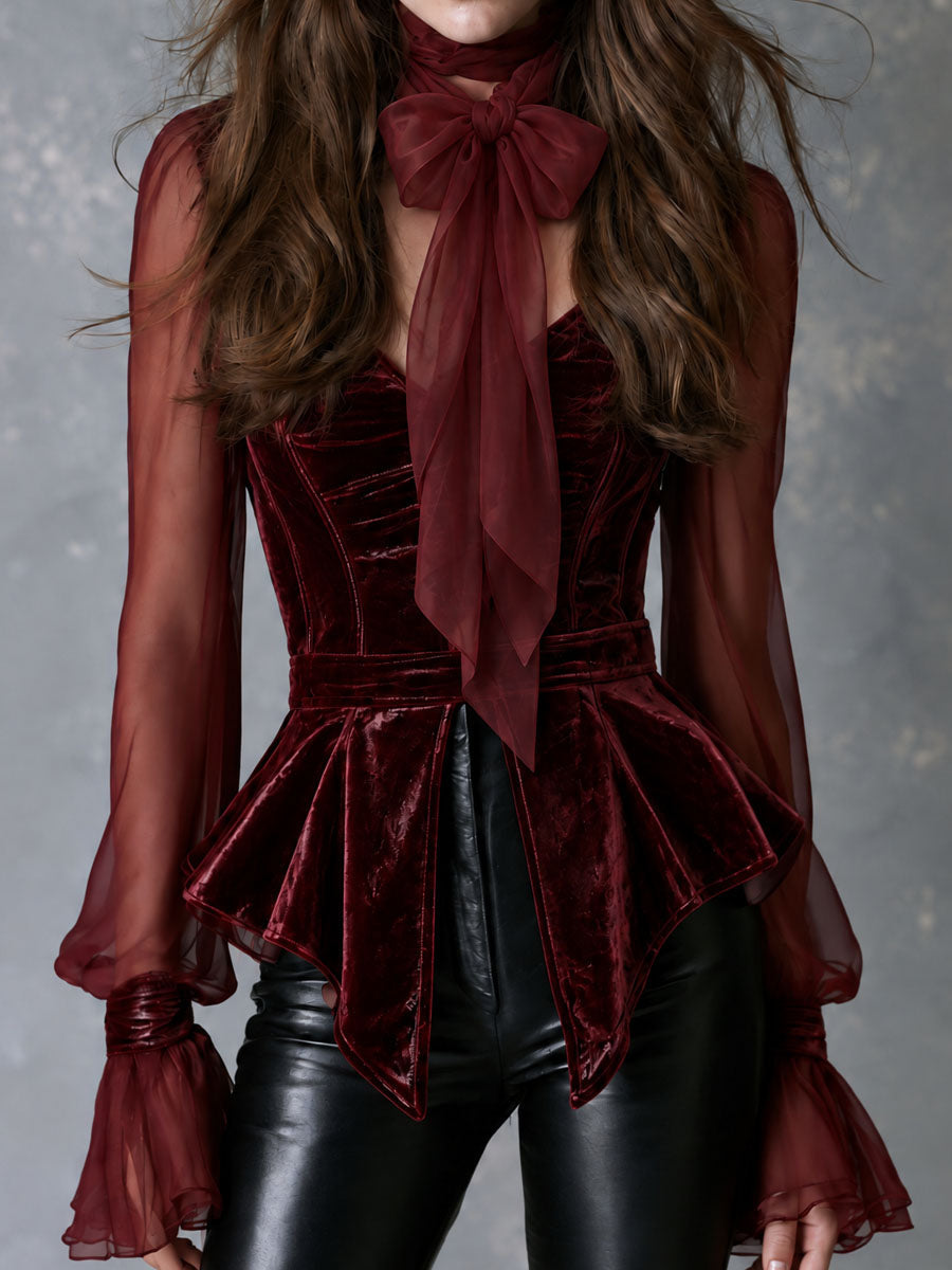 Retro Burgundy Velvet Corset Peplum Blouse With Sheer Chiffon Sleeves