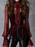 Retro Burgundy Velvet Corset Peplum Blouse With Sheer Chiffon Sleeves