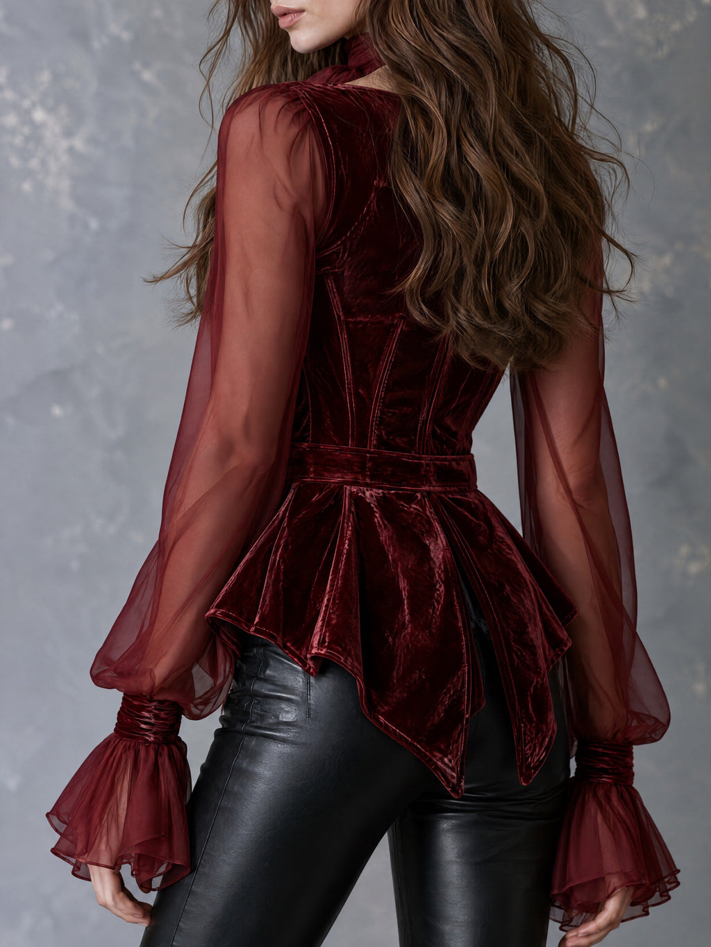 Retro Burgundy Velvet Corset Peplum Blouse With Sheer Chiffon Sleeves
