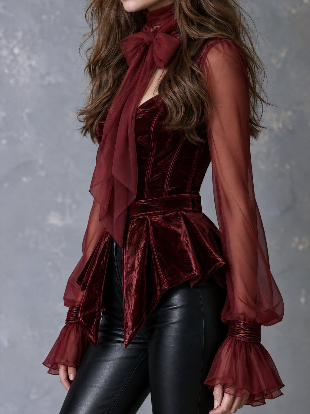 Retro Burgundy Velvet Corset Peplum Blouse With Sheer Chiffon Sleeves