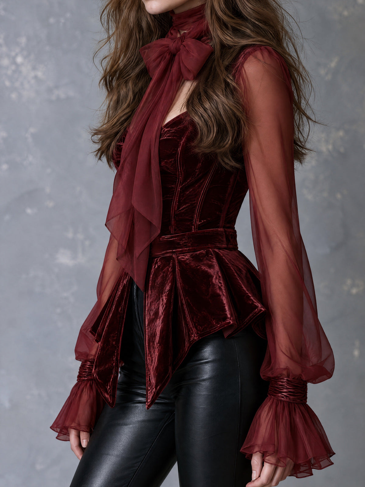 Retro Burgundy Velvet Corset Peplum Blouse With Sheer Chiffon Sleeves