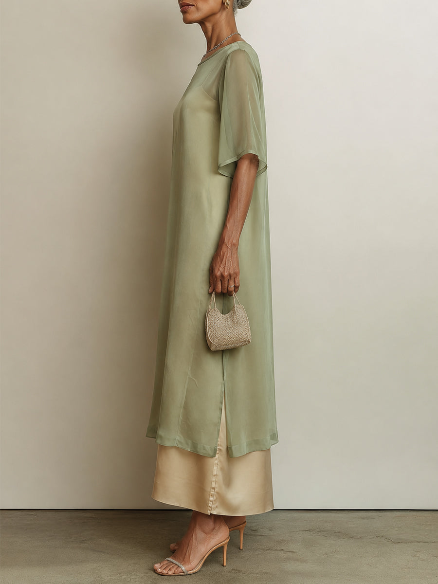 Elegant Tencel Mid-Length Blouse & Slip Dress Set