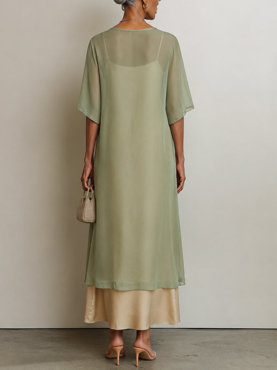 Elegant Tencel Mid-Length Blouse & Slip Dress Set