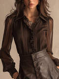 Dark Mocha Ruffle Sheer Pleated Shirt