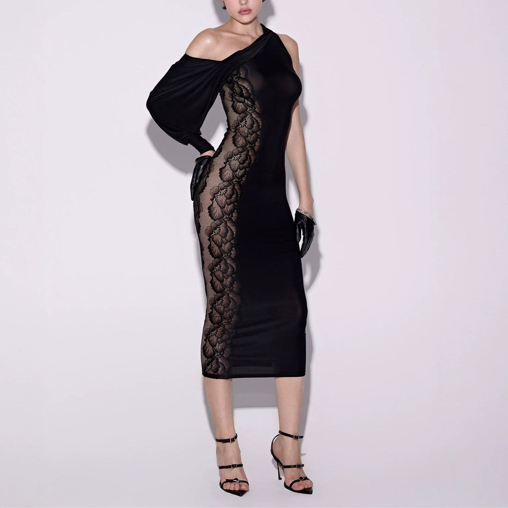 Elegant Solid Color Irregular Diagonal Collar Texture Lace Stitching See-through Dress