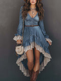 Vintage Irregular Hem Lace Trim Denim Midi Dress