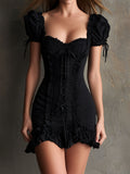 Retro Romantic Black Ruffled Corset Mini Dress