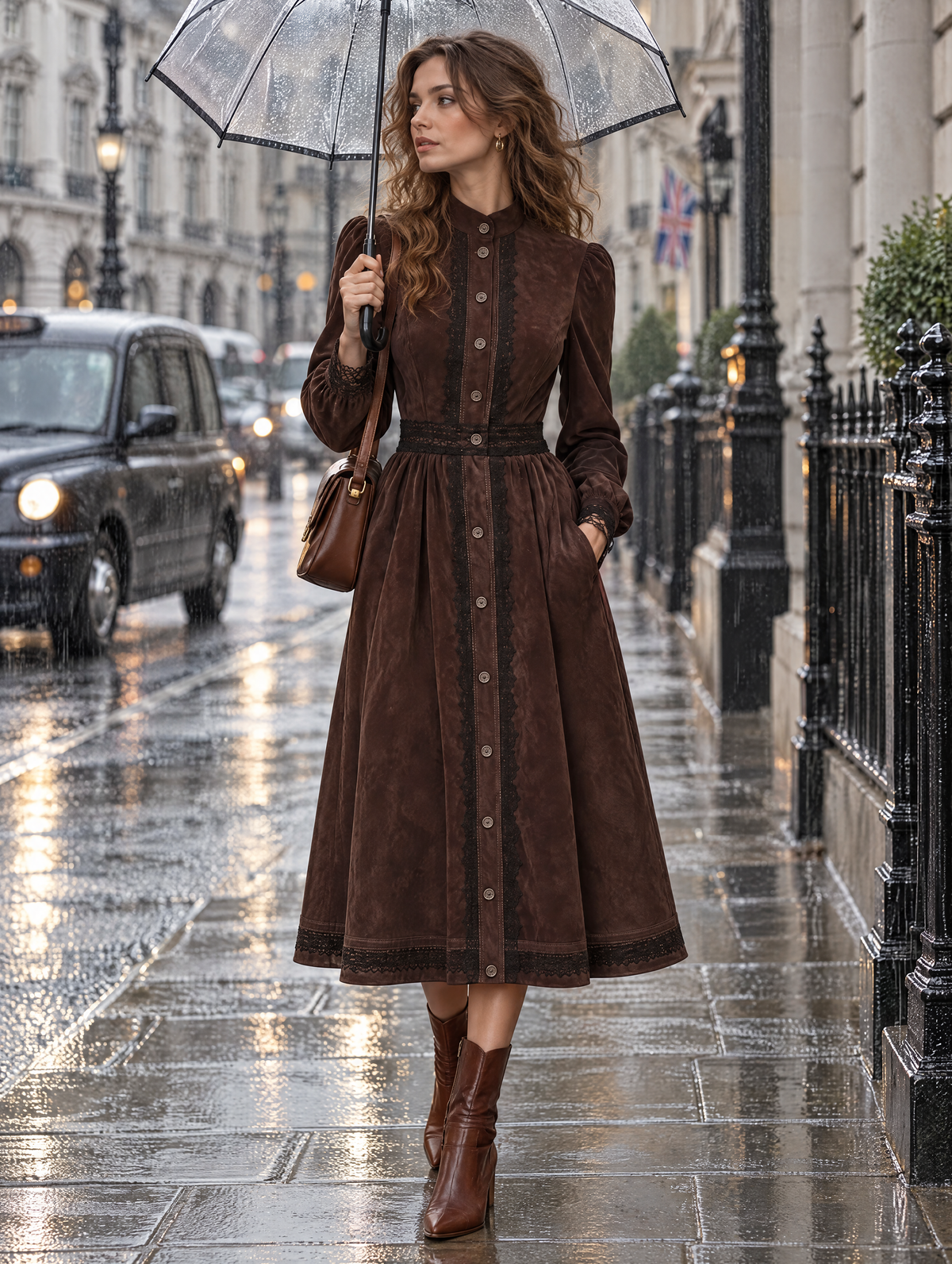 Vintage Dark Brown Lace Trim Button Front Midi Dress