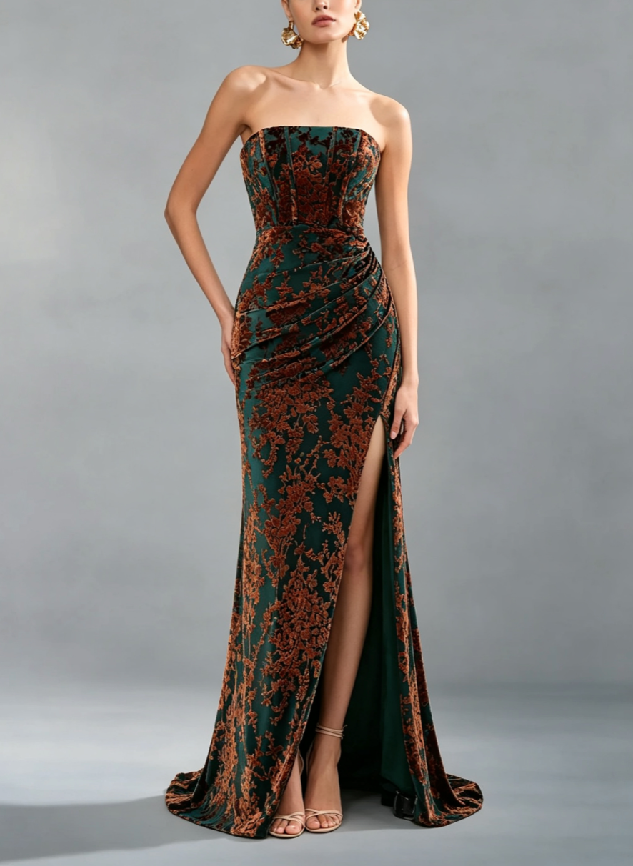 Peacock Green Velvet Mermaid Corset Long Wedding Guest Dress with Slit