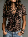 Leopard Print Ruched Mesh Blouse