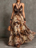Brown Lace Halter Deep V Backless Abstract Ink Print Flowy Maxi Dress