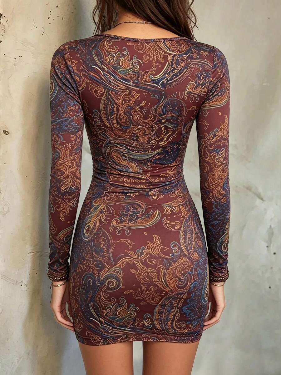 Vintage Paisley Print Deep V Wrap Long Sleeve Ruched Bodycon Mini Dress