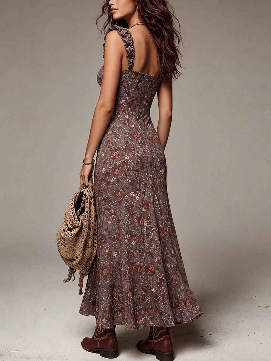 Earthy Floral Print Square Neck Ruffle Strap Center Ruched Front Slit Mermaid Maxi Dress
