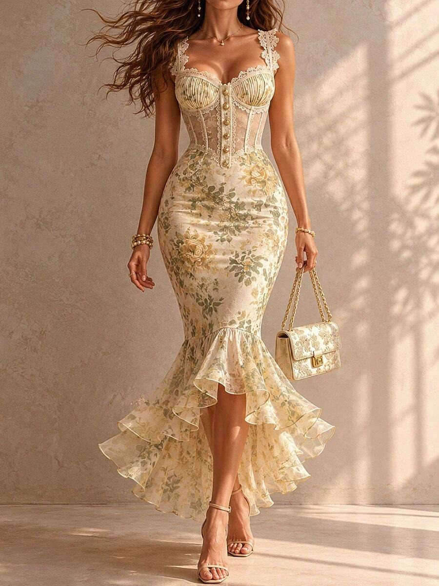 Floral Lace Trim Sweetheart Sheer Corset Bodice Button Front Ruffle Hem Mermaid Midi Dress