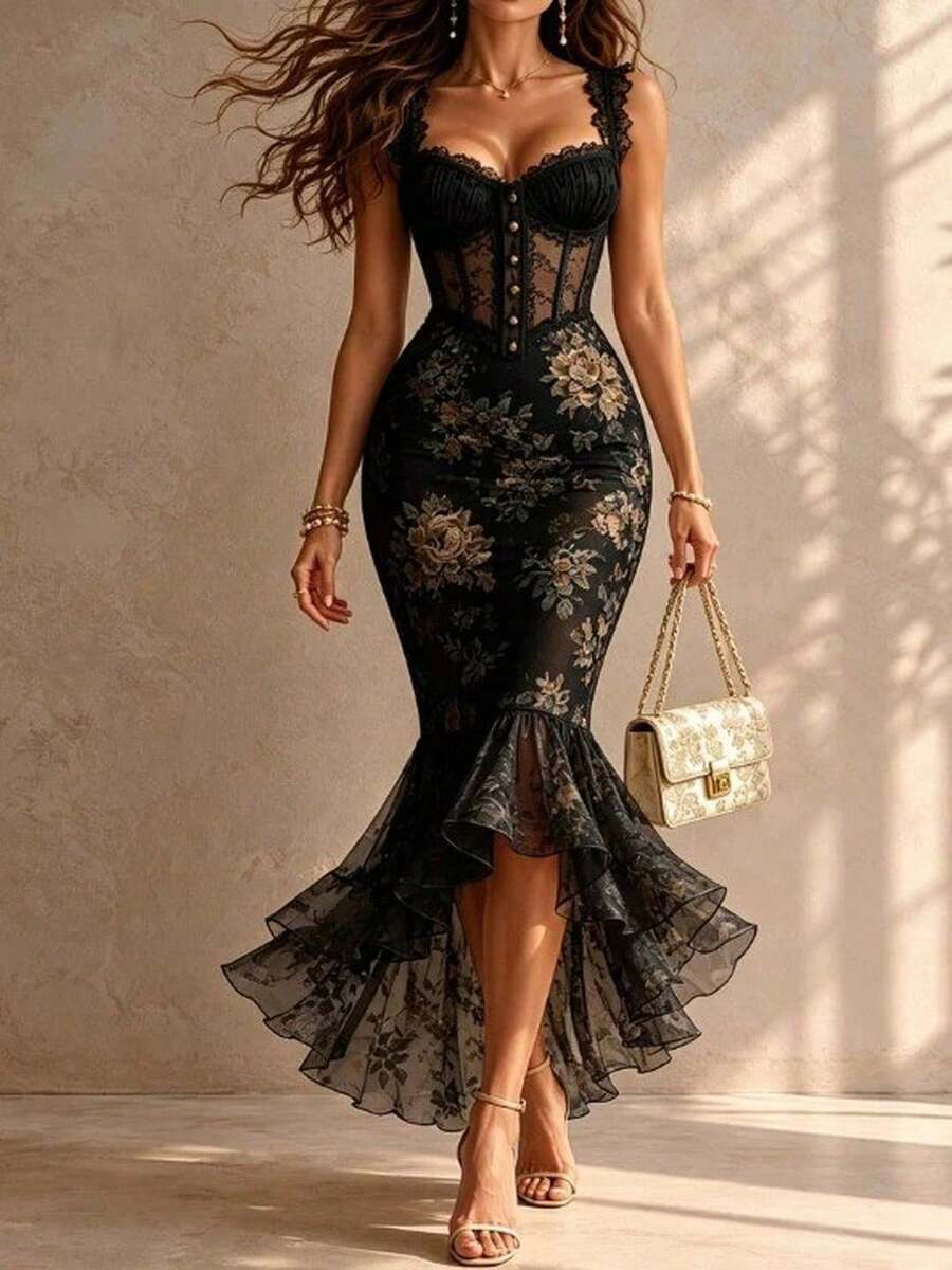Floral Lace Trim Sweetheart Sheer Corset Bodice Button Front Ruffle Hem Mermaid Midi Dress