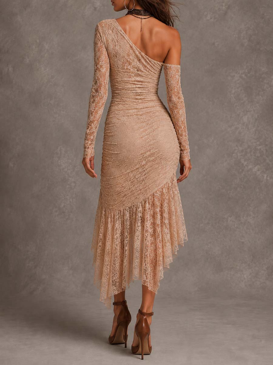 Romantic Bohemian One Shoulder Long Sleeve Lace Ruched High Low Midi Dress