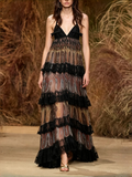 Paisley Print Lace Trim Tiered Maxi Dress