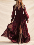 Ideal For Western Wedding Or Road Trip — Burgundy Embroidered Lace V-Neck Chiffon Boho Long Sleeve Maxi Dress