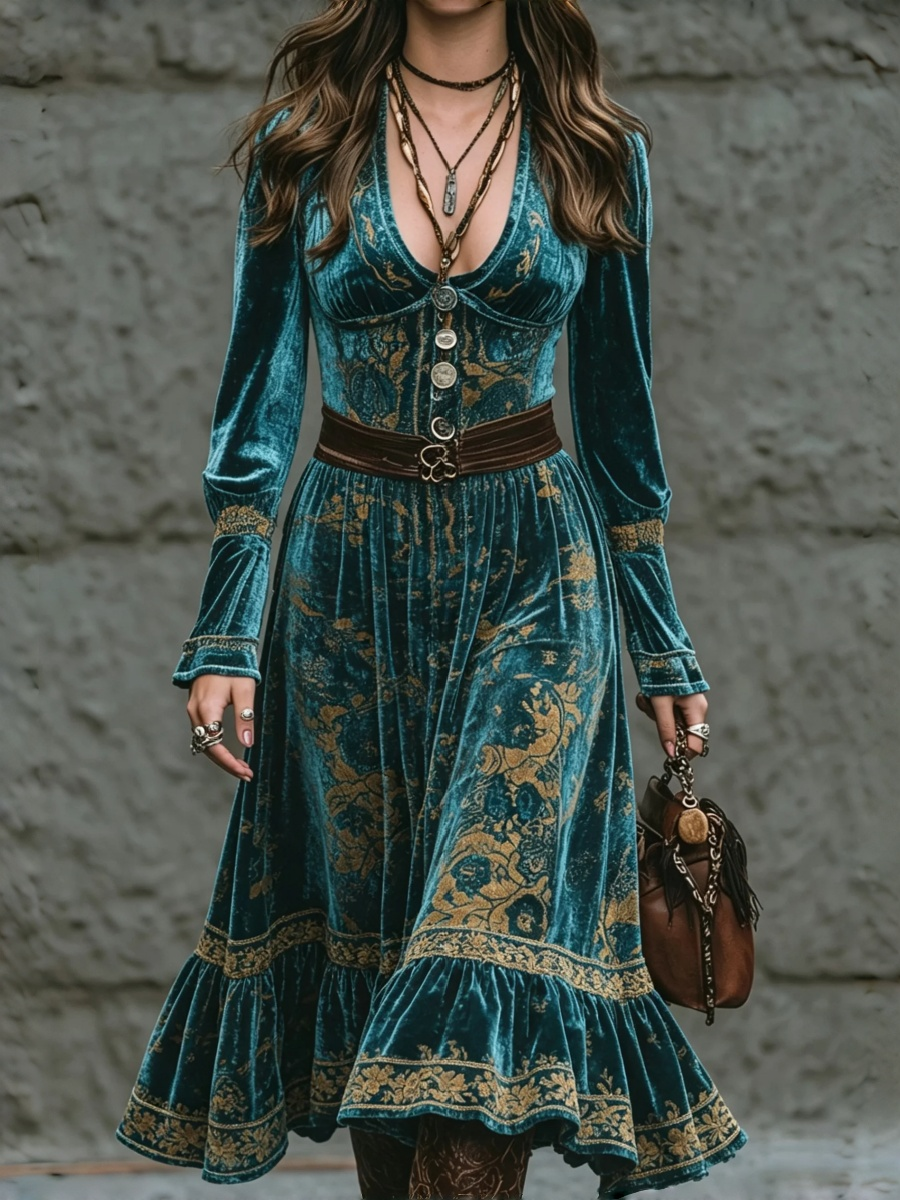 Teal Gold Velvet Midi Dress