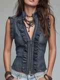 Vintage Blue Ruffle-Trim Pure-Cotton Denim Zip Top