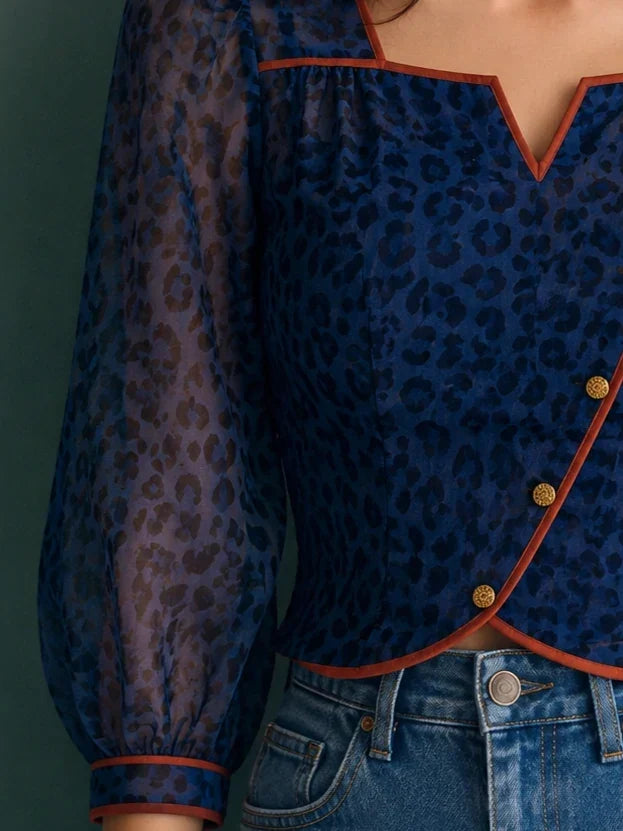 Sapphire Leopard Print Square-Neck Chiffon Top