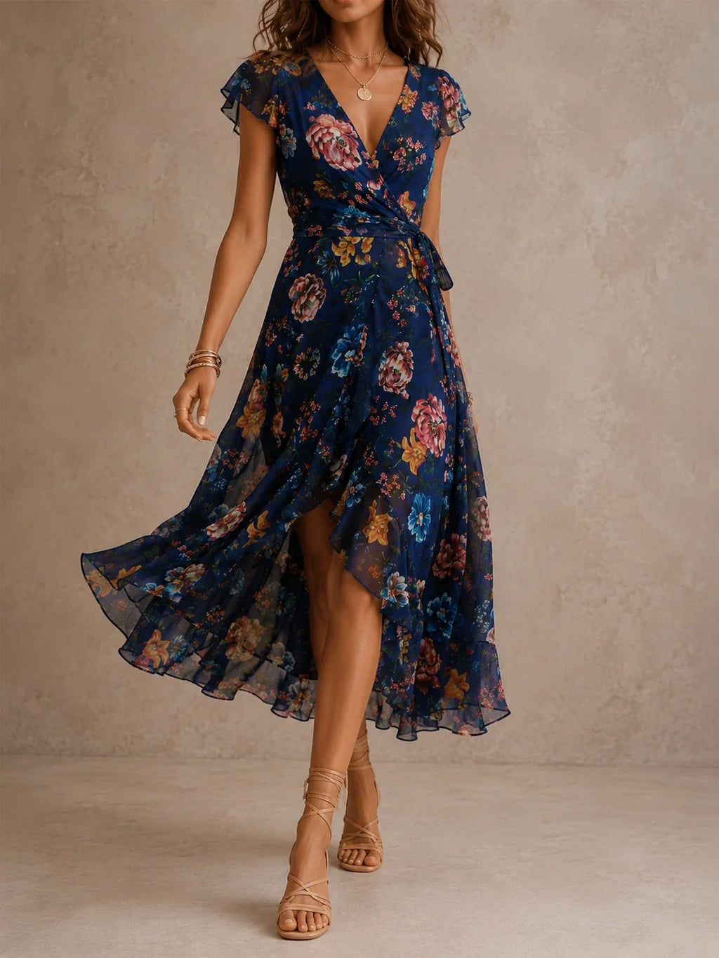 Navy Botanical Floral Wrap Midi Dress