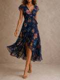 Navy Botanical Floral Wrap Midi Dress