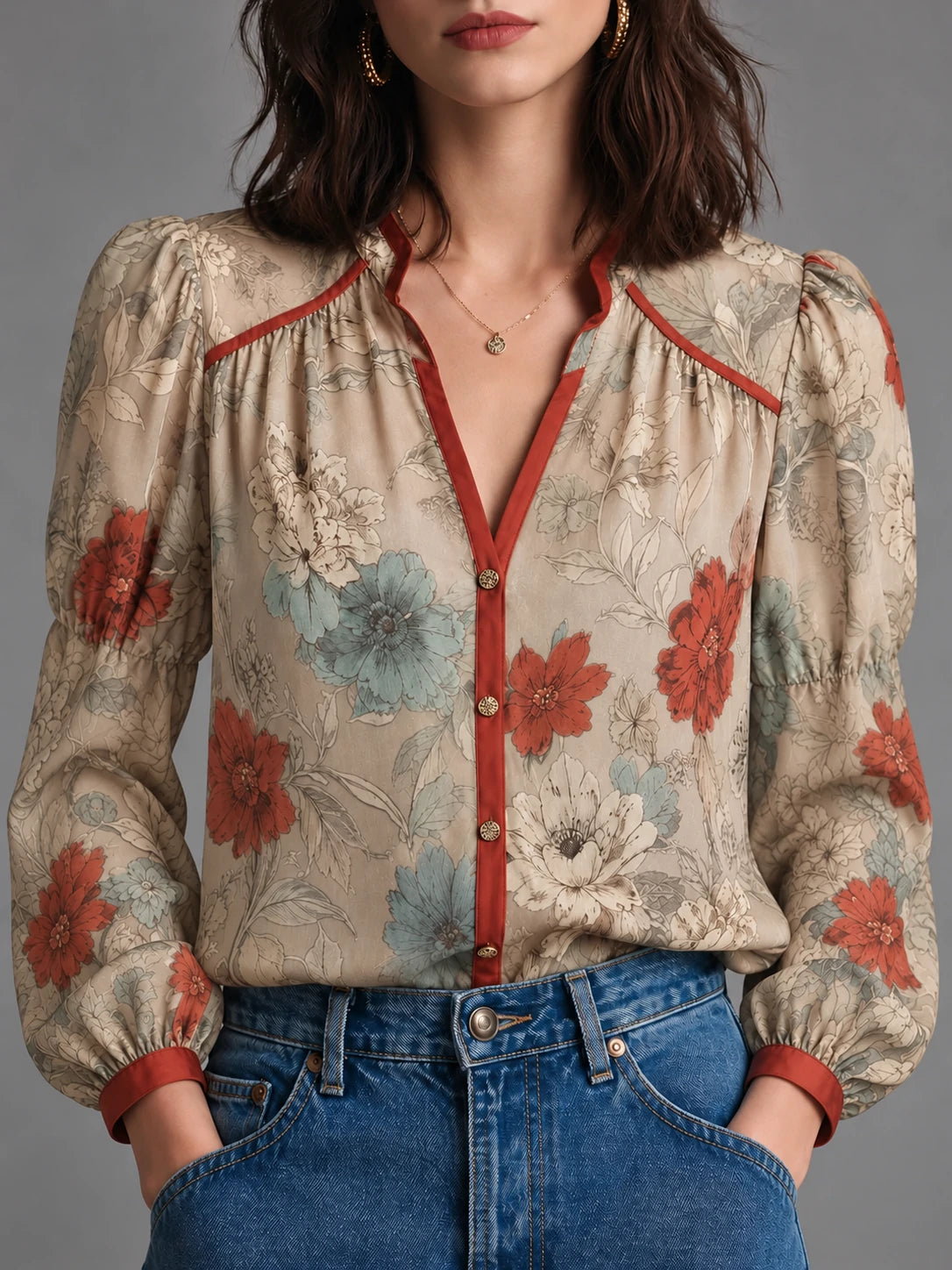Vintage Botanical Puff Sleeve Blouse