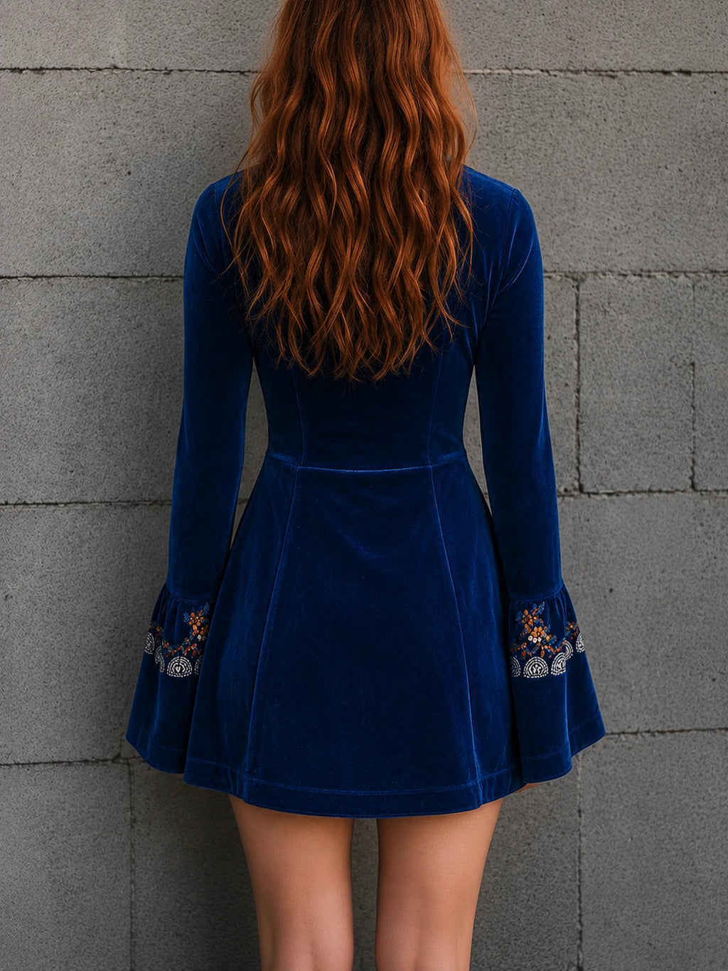 Blue Velvet Embroidered Mini Dress