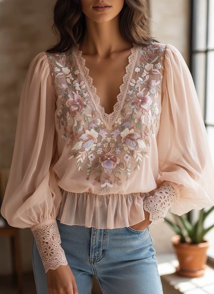Elegant Embroidered V-Neck Chiffon Blouse with Lace Trim
