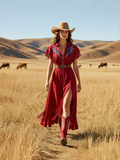 Burgundy Bird Embroidery Fringe Belted Slit Maxi Dress(pre order)