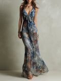 Vintage Holiday Floral Print Chiffon Maxi Dress With Tie-neck Detail