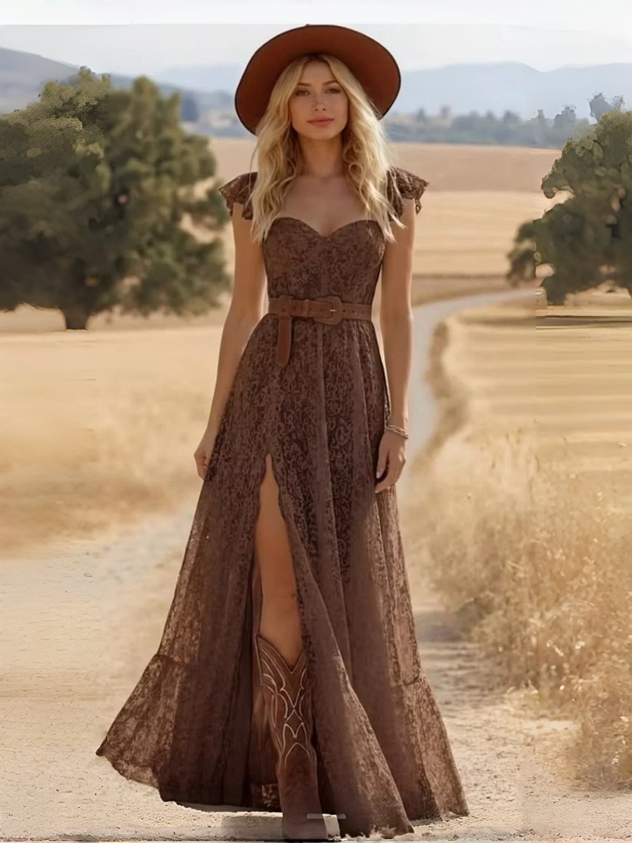 Sweetheart Neck Lace Belted High Slit Maxi Dress
