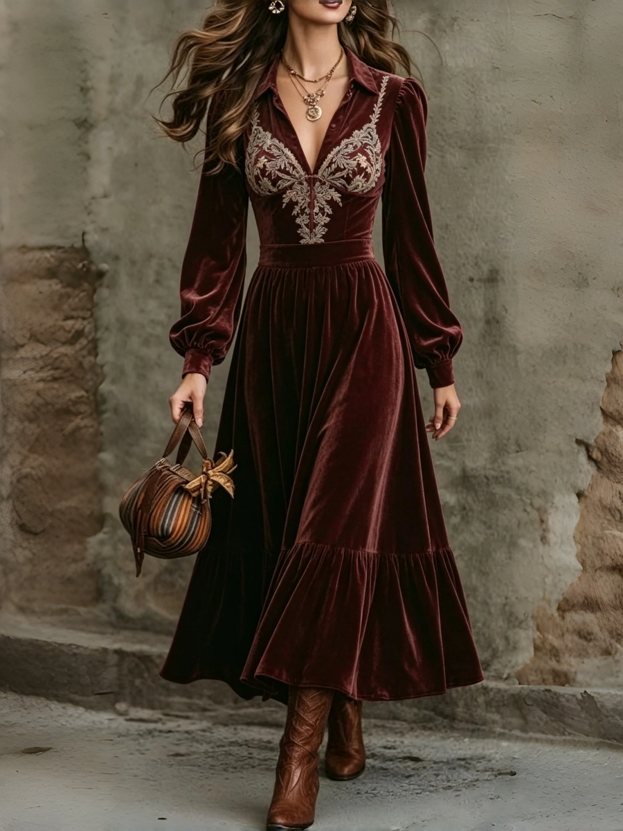 Burgundy Velvet Embroidered Maxi Dress