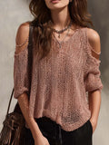 Retro Pink Cold-Shoulder Knitted Blouse