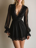 Retro Elegant V-neck Lace Trim Black Sheer Chiffon Mini Dress