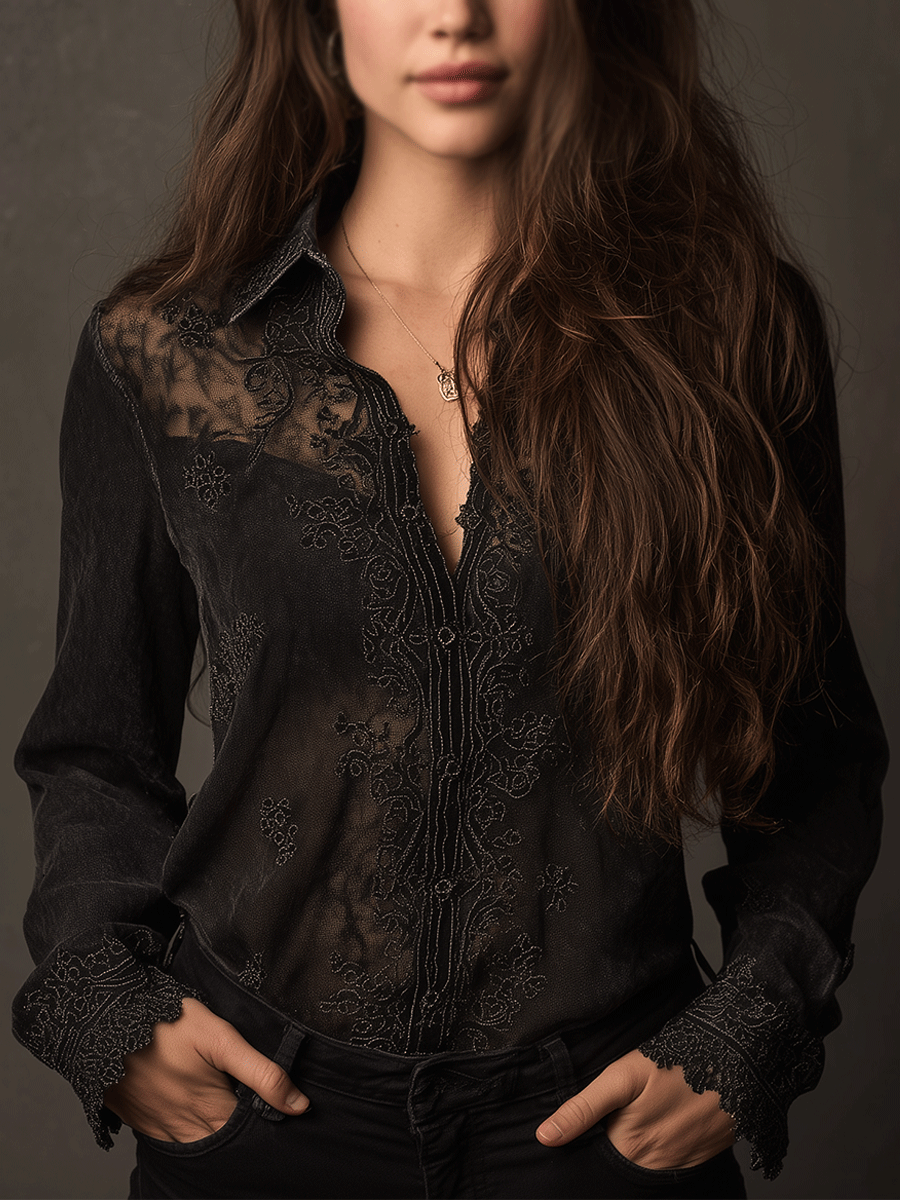 Gothic Black See-Through Embroidered Lace Chiffon Shirt