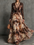Brown Sheer Lace Deep V Long Sleeve Abstract Ink Print Flowy Maxi Dress