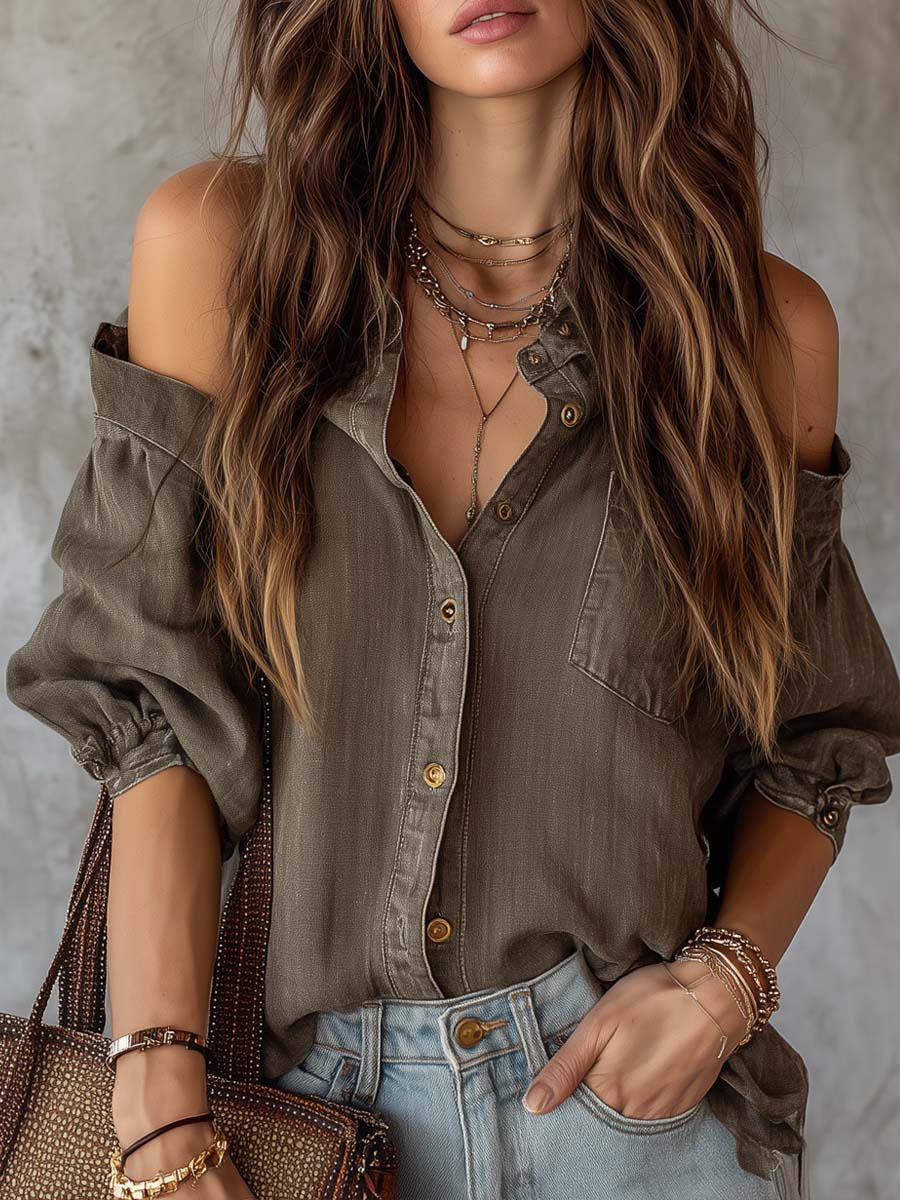 Retro Cold-shoulder Denim Blouse